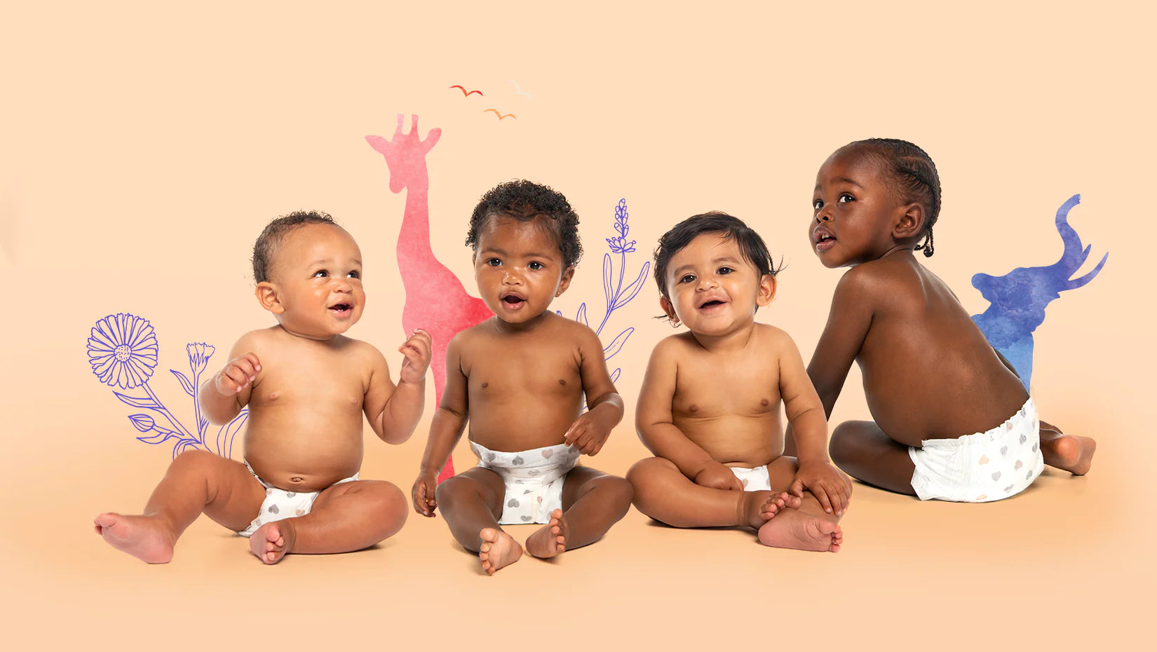 Four diverse babies sitting together, smiling and laughing, with playful illustrated animals and flowers in the background